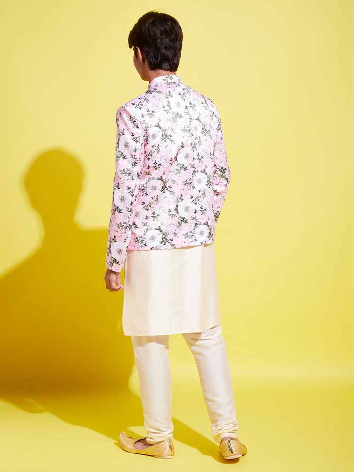 Floral Printed Pink Bandhgala Prince Coat Jodhpuri With Cream Kurta Pyjama Set