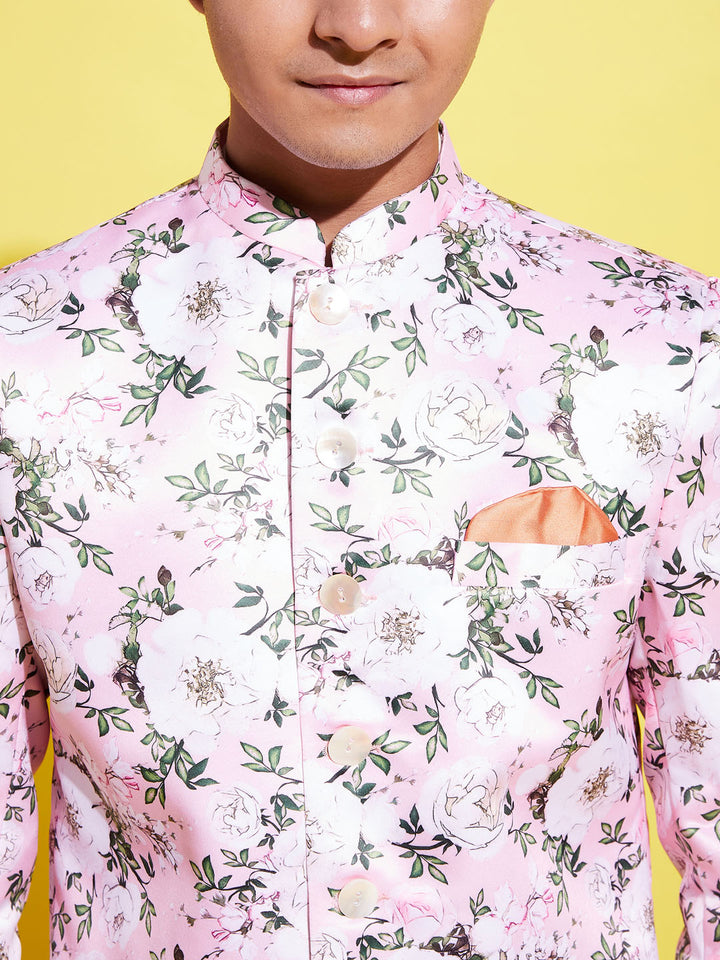 Floral Printed Pink Bandhgala Prince Coat Jodhpuri With Cream Kurta Pyjama Set