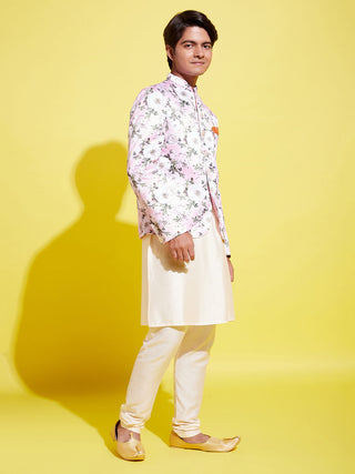YUVA BY VASTRAMAY Floral Printed Pink Bandhgala Prince Coat Jodhpuri With Cream Kurta Pyjama Set