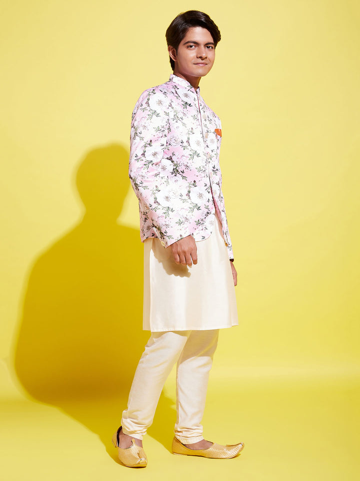 Floral Printed Pink Bandhgala Prince Coat Jodhpuri With Cream Kurta Pyjama Set