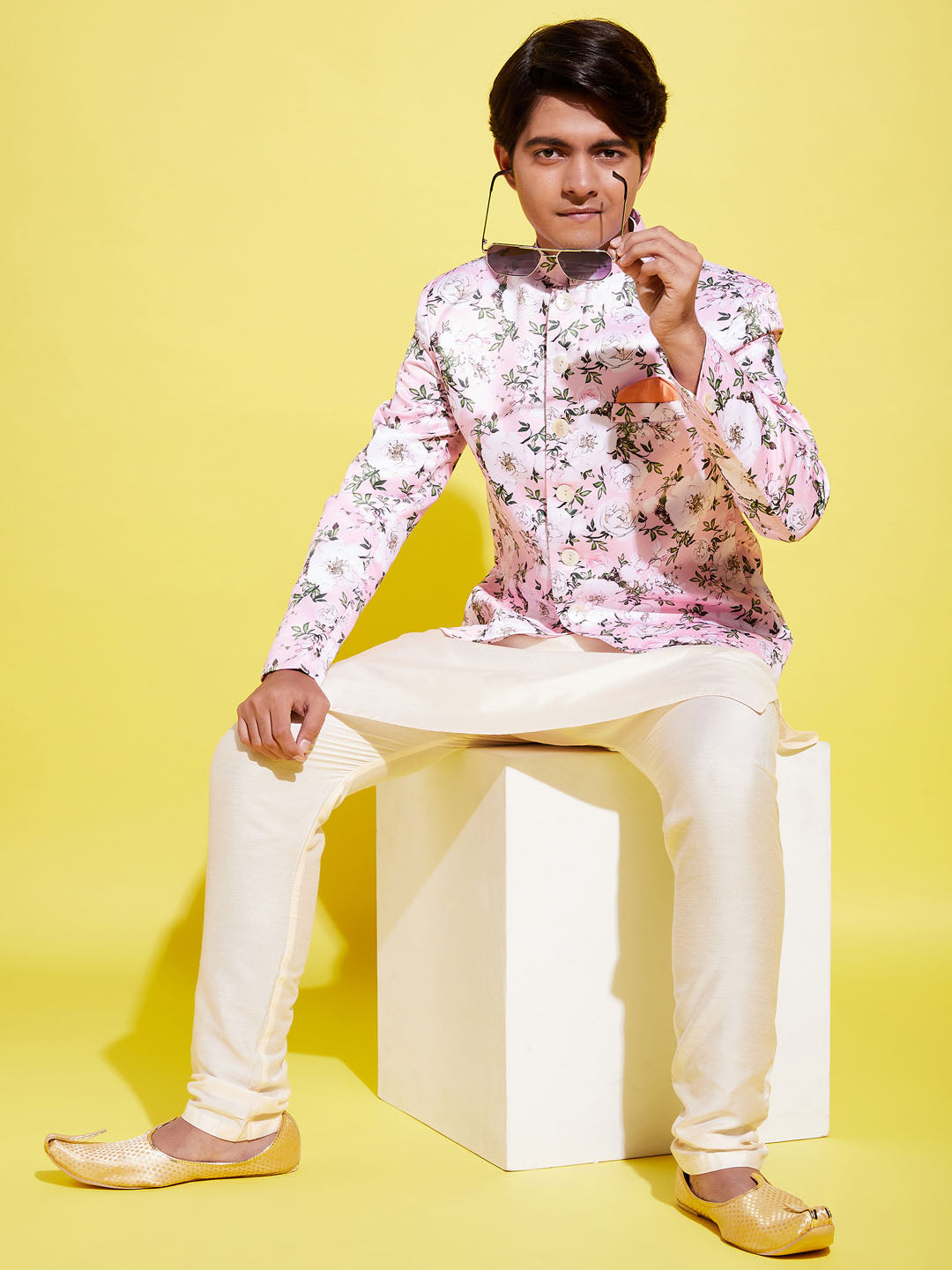 Floral Printed Pink Bandhgala Prince Coat Jodhpuri With Cream Kurta Pyjama Set