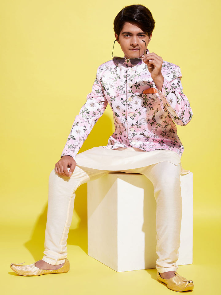 Floral Printed Pink Bandhgala Prince Coat Jodhpuri With Cream Kurta Pyjama Set