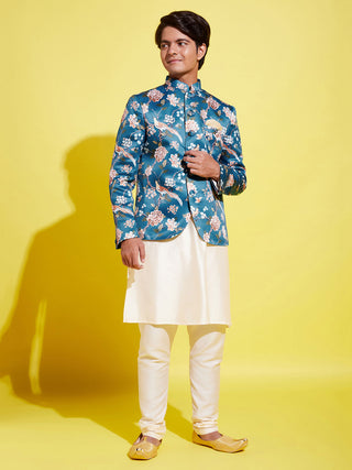 YUVA BY VASTRAMAY Floral Printed Turquoise Blue Bandhgala Prince Coat Jodhpuri With Cream Kurta Pyjama Set