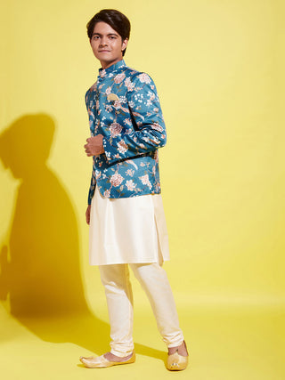 YUVA BY VASTRAMAY Floral Printed Turquoise Blue Bandhgala Prince Coat Jodhpuri With Cream Kurta Pyjama Set