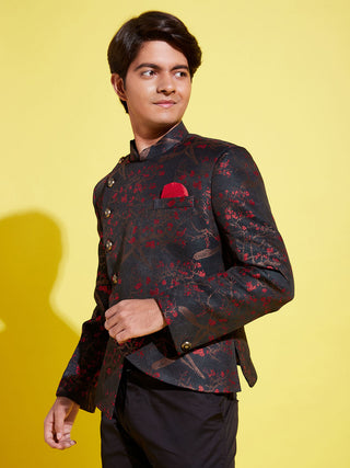 YUVA BY Vastramay Boys Maroon Woven Design Silk Blend Bandhgala Blazer