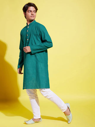 YUVA BY VASTRAMAY Boy's Green Cotton Kurta and Pyjama Set