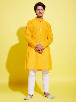 YUVA BY VASTRAMAY Boy's Yellow Cotton Kurta and Pyjama Set
