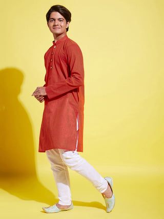 YUVA BY VASTRAMAY Boy's Red Cotton Kurta and Pyjama Set