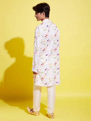 YUVA BY VASTRAMAY Boy's Printed Cream Cotton Blend Kurta and Pyjama Set