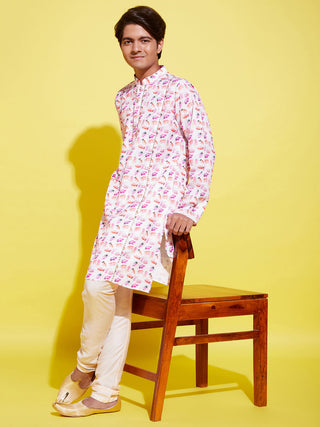 YUVA BY VASTRAMAY Boys  Multicolor-Base-White Cotton Blend Kurta and Pyjama Set