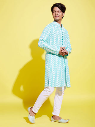 YUVA BY VASTRAMAY Boy's Green Chikankari Kurta With White Pyjama Set