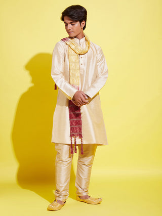 YUVA BY VASTRAMAY Boys' Gold Silk Blend Kurta, Pyjama & Dupatta Set