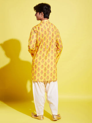 YUVA BY Vastramay Boys' Multicolor-Base-Mustard And Cream Kurta Patiala Set
