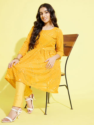 YUVA BY VASTRAMAY Girl's Yellow Mirror Kurta Pyjama Set