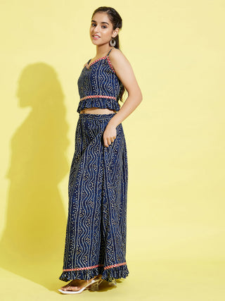 YUVA BY VASTRAMAY Girl's Blue Bandhni Print Crop Top And Blue Long Skirt Set
