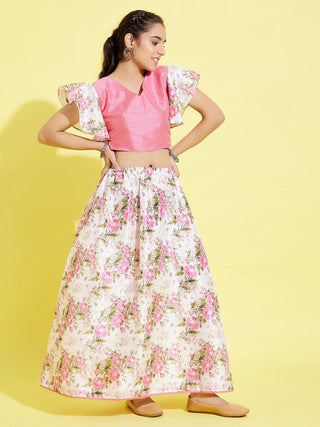 YUVA BY VASTRAMAY Girl's Printed Skirt And Ruffle Crop Top Set