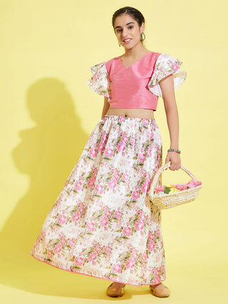 YUVA BY VASTRAMAY Girl's Printed Skirt And Ruffle Crop Top Set