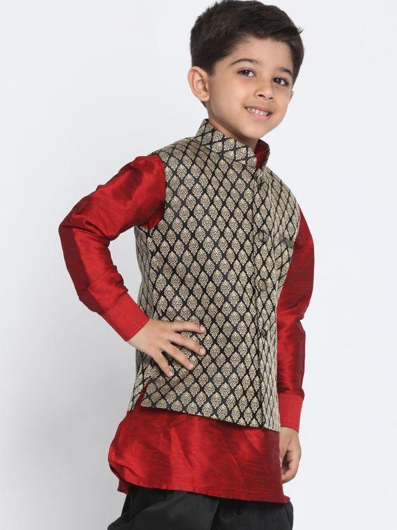 vastramayBoys' Black Cotton Silk Blend Nehru Jacket