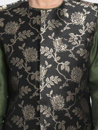 vastramayBoys' Dark Green Cotton Silk Blend Kurta, Nehru Jacket and Pyjama Set