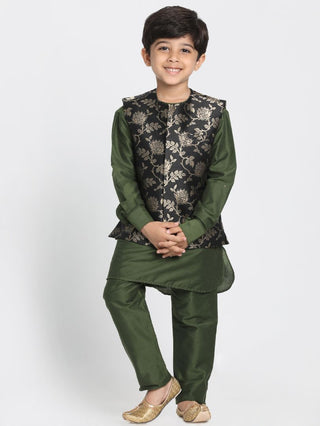 vastramayBoys' Dark Green Cotton Silk Blend Kurta, Nehru Jacket and Pyjama Set